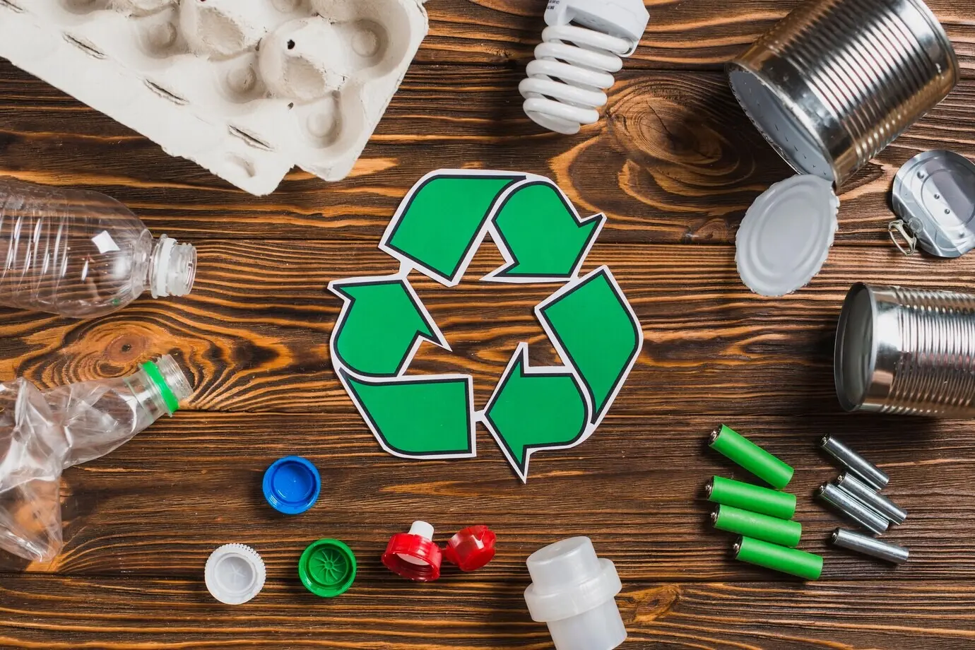 A recycling symbol surrounded by waste items on a brown, wood-textured background.